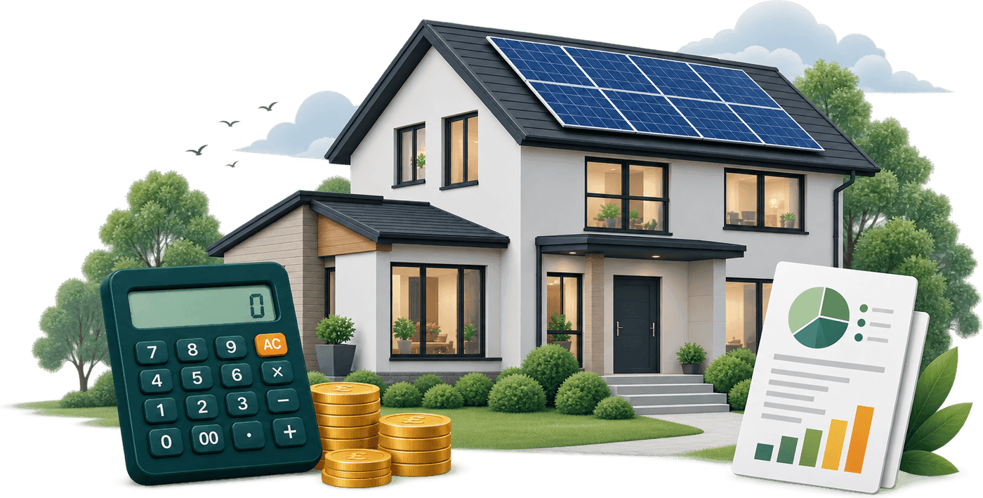 A home with solar panels, a calculator and a savings report